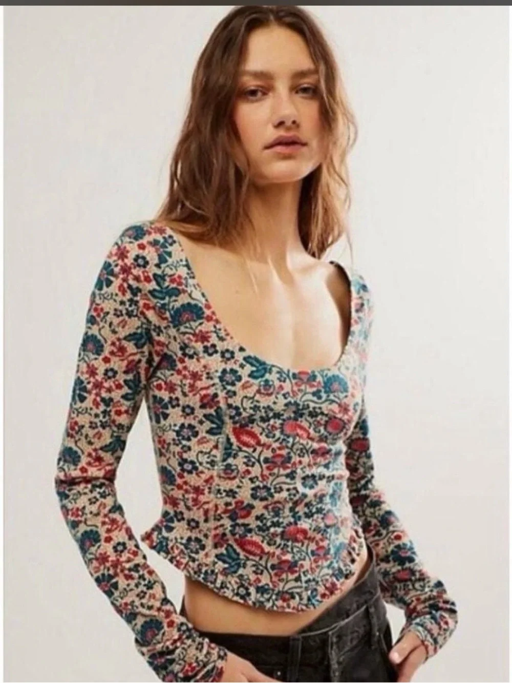 Free People Floral Scoop-Neck Crop Top - Cream with Pink & Blue